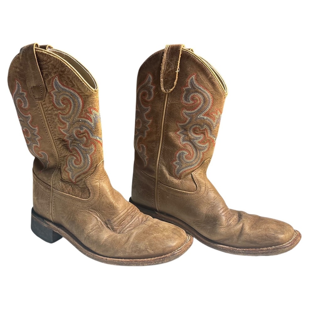 Old West‎ Kids Tan Leather Cowboy Boots Embroidered Western Boots Size 2.5D